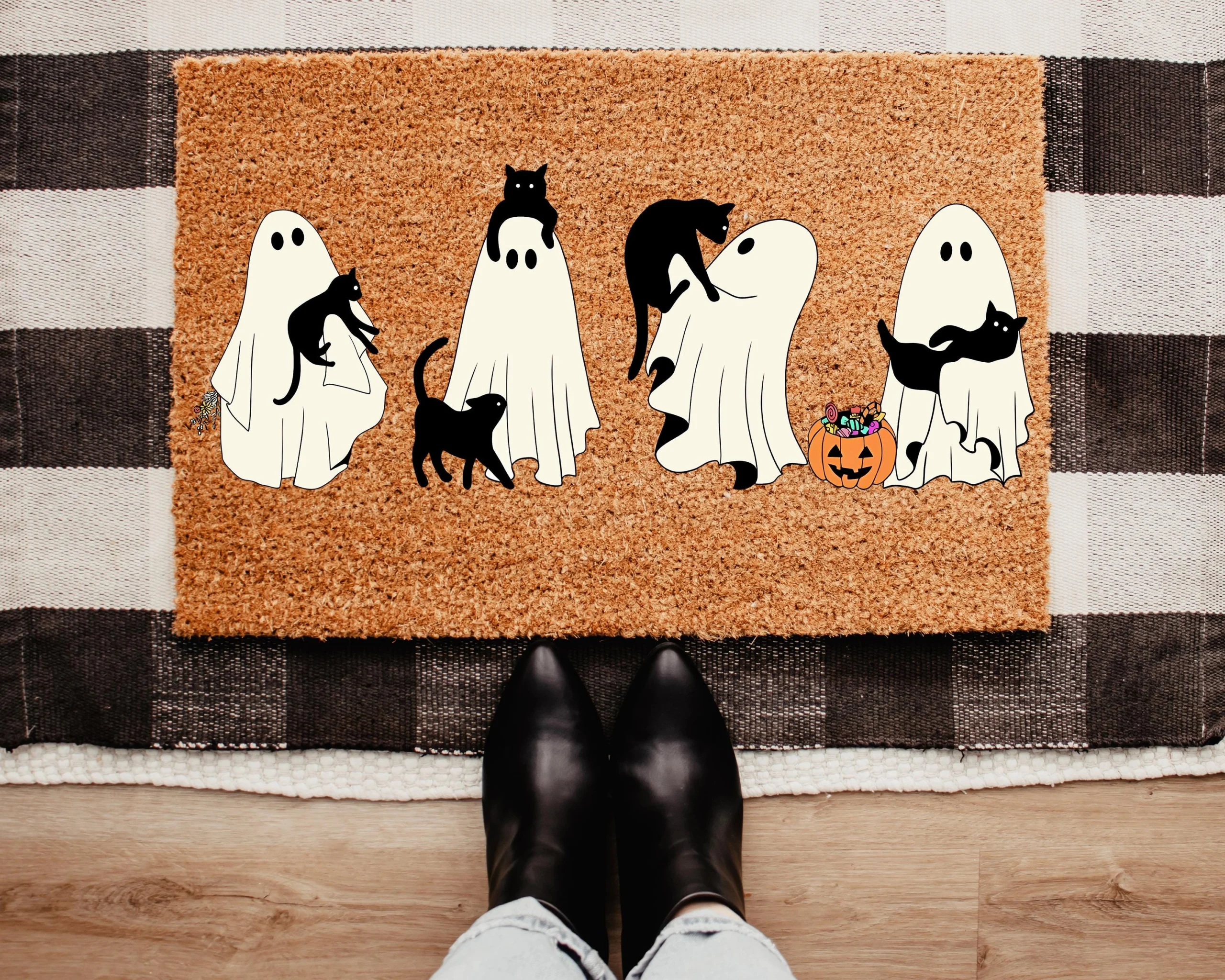 Black Cat Ghosts Halloween Coir Door Mat 18x30 Inches Black Cat Ghosts Halloween Coir Door Mat 18x30 Inches