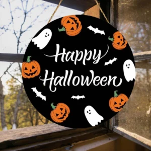 Black Happy Halloween Welcome Door Sign Pumpkin 14 Inches