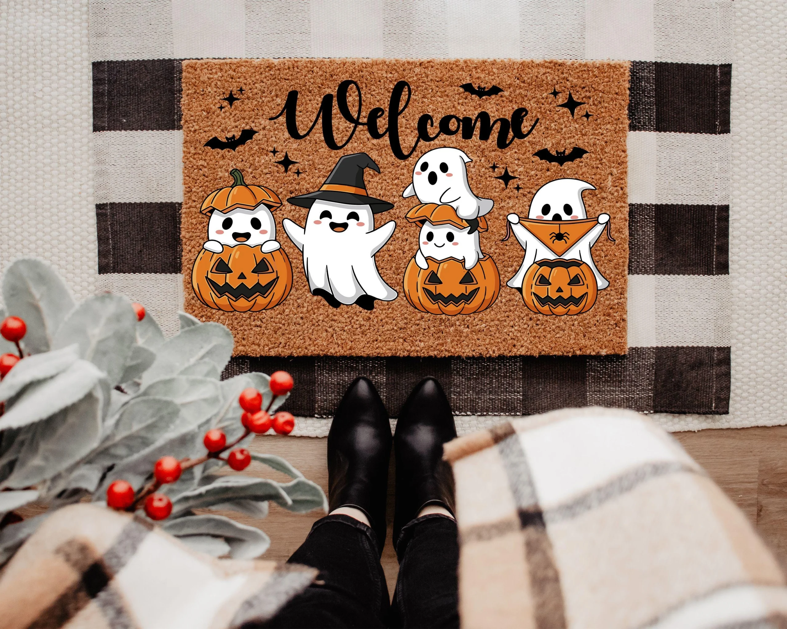 Funny Halloween Ghost and Pumpkin Welcome Door Mat 18x30 Inches Funny Halloween Ghost and Pumpkin Welcome Door Mat 18x30 Inches