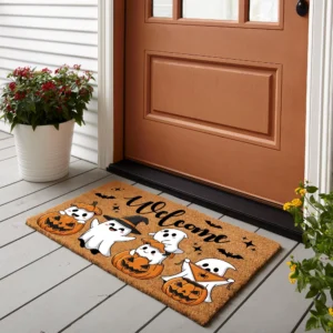 Funny Halloween Ghost and Pumpkin Welcome Door Mat 18x30 Inches