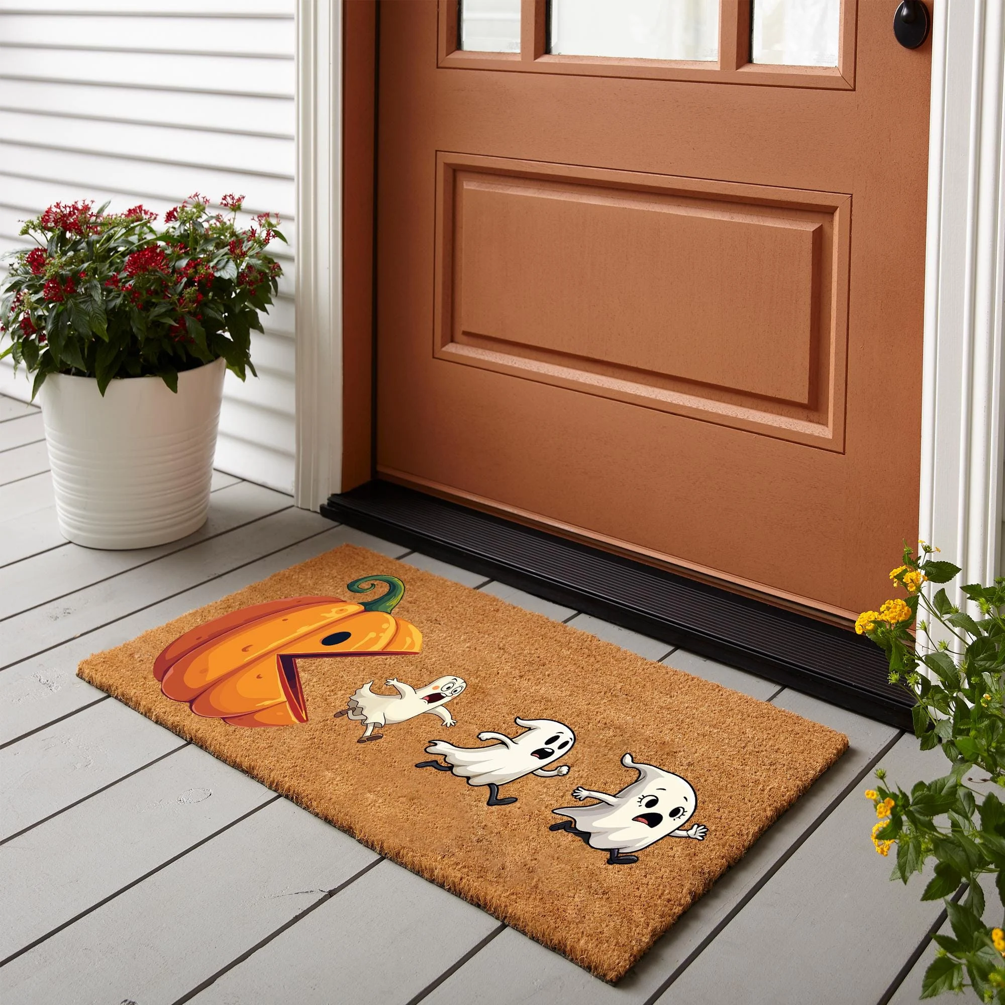 Funny Pumpkin Chasing Ghosts Halloween Coir Door Mat 18x30 Inches Funny Pumpkin Chasing Ghosts Halloween Coir Door Mat 18x30 Inches
