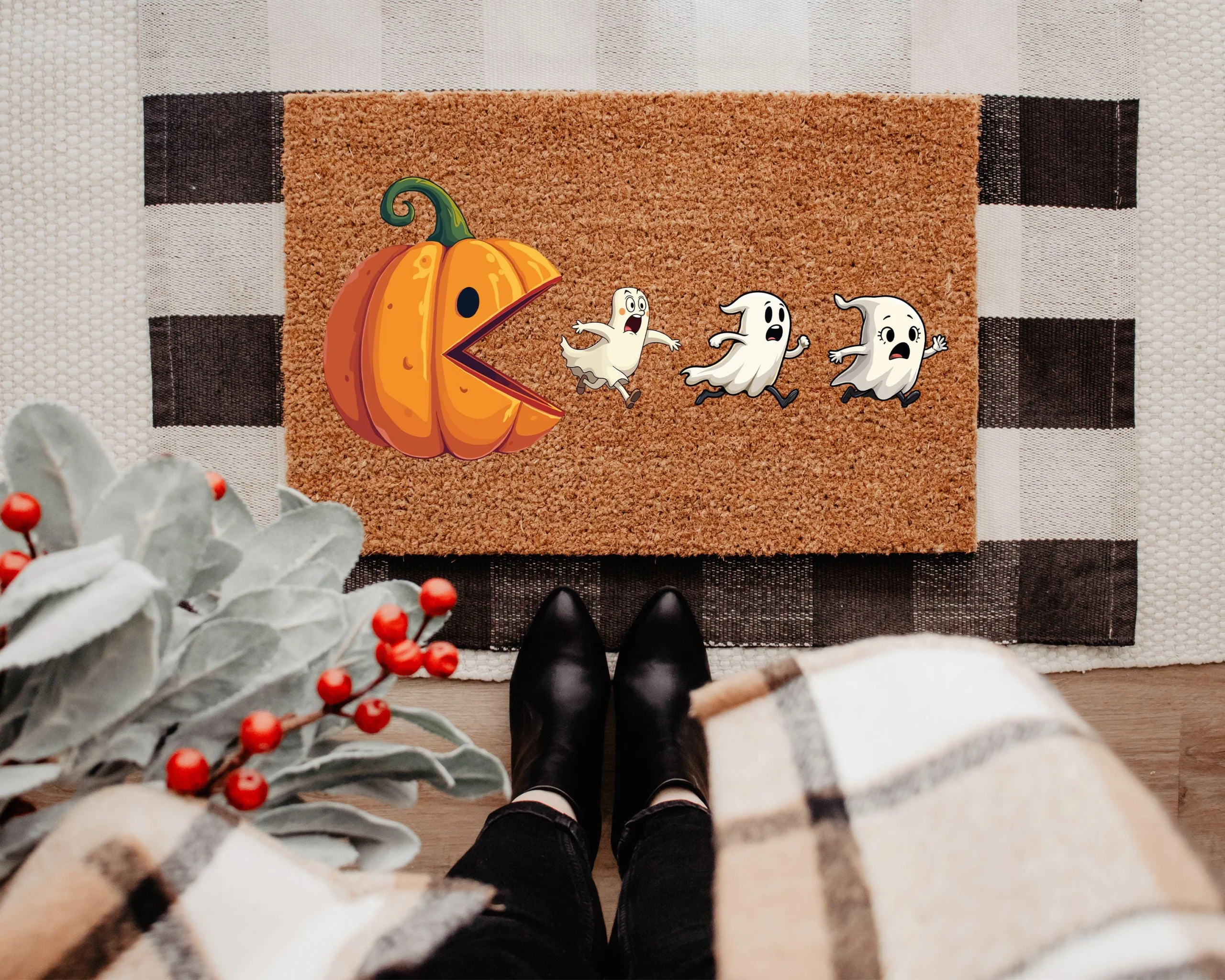 Funny Pumpkin Chasing Ghosts Halloween Coir Door Mat 18x30 Inches Funny Pumpkin Chasing Ghosts Halloween Coir Door Mat 18x30 Inches