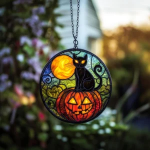 Halloween Black Cat Pumpkin 8 Inches Faux Stained Glass Window Hanging