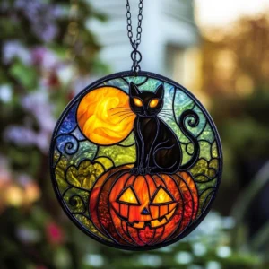 Halloween Black Cat Pumpkin 8 Inches Faux Stained Glass Window Hanging