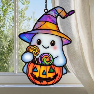 Halloween Cute Ghost 8 Inches Faux Stained Glass Window Hanging