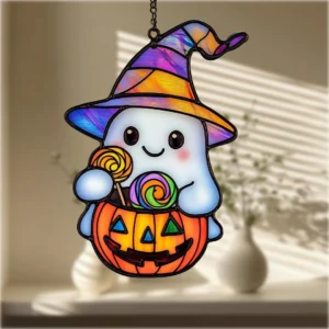 Halloween Cute Ghost 8 Inches Faux Stained Glass Window Hanging