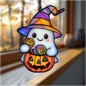Halloween Cute Ghost 8 Inches Faux Stained Glass Window Hanging