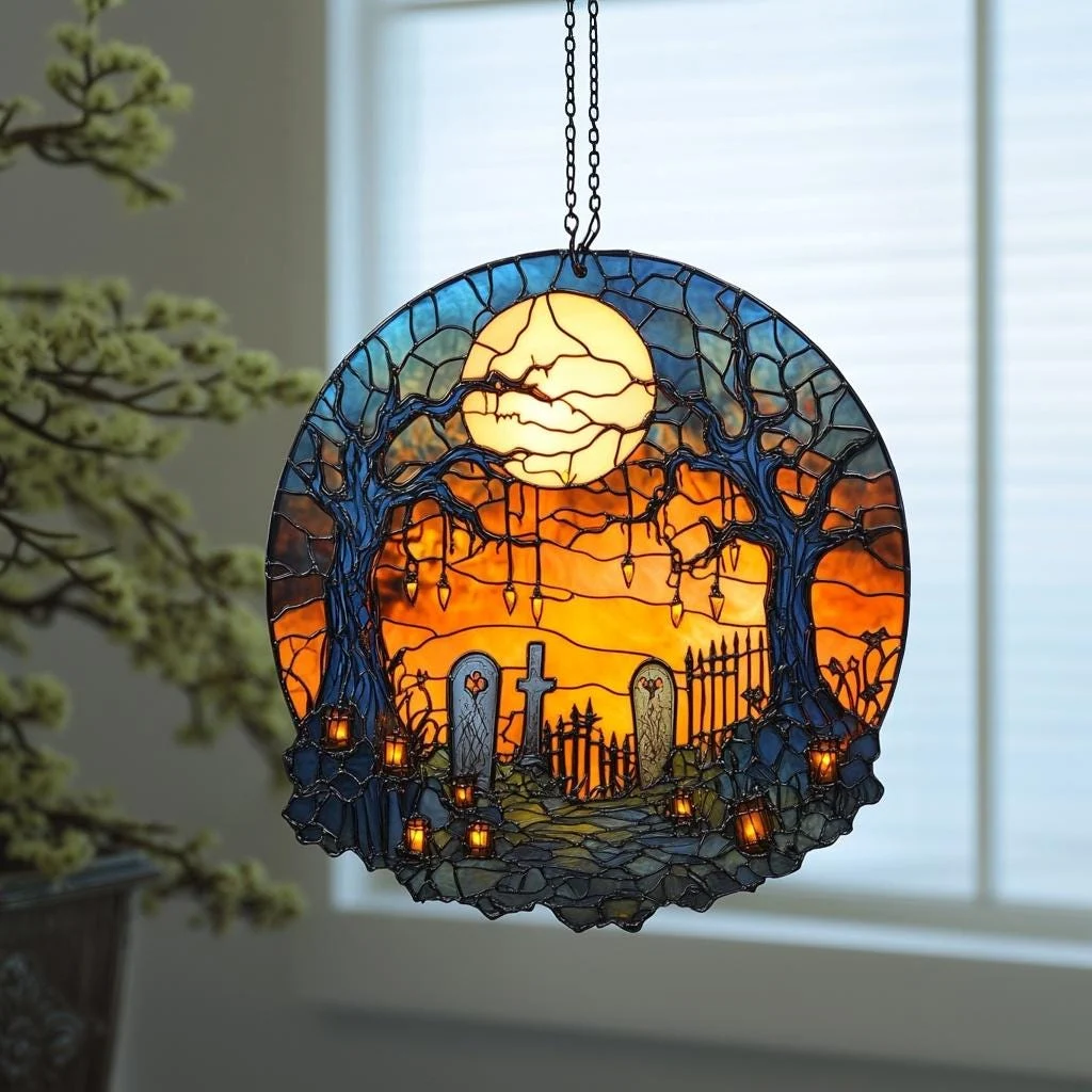 Halloween Graveyard Scene 8 Inches Acrylic Stained Glass Window Hanging Halloween Graveyard Scene 8 Inches Acrylic Stained Glass Window Hanging