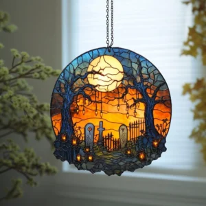 Halloween Graveyard Scene 8 Inches Acrylic Stained Glass Window Hanging