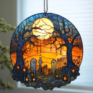 Halloween Graveyard Scene 8 Inches Acrylic Stained Glass Window Hanging