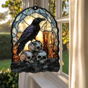 Halloween Skulls Raven 8 Inches Spooky Window Hanging Acrylic Decor