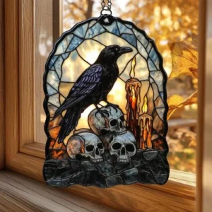 Halloween Skulls Raven 8 Inches Spooky Window Hanging Acrylic Decor