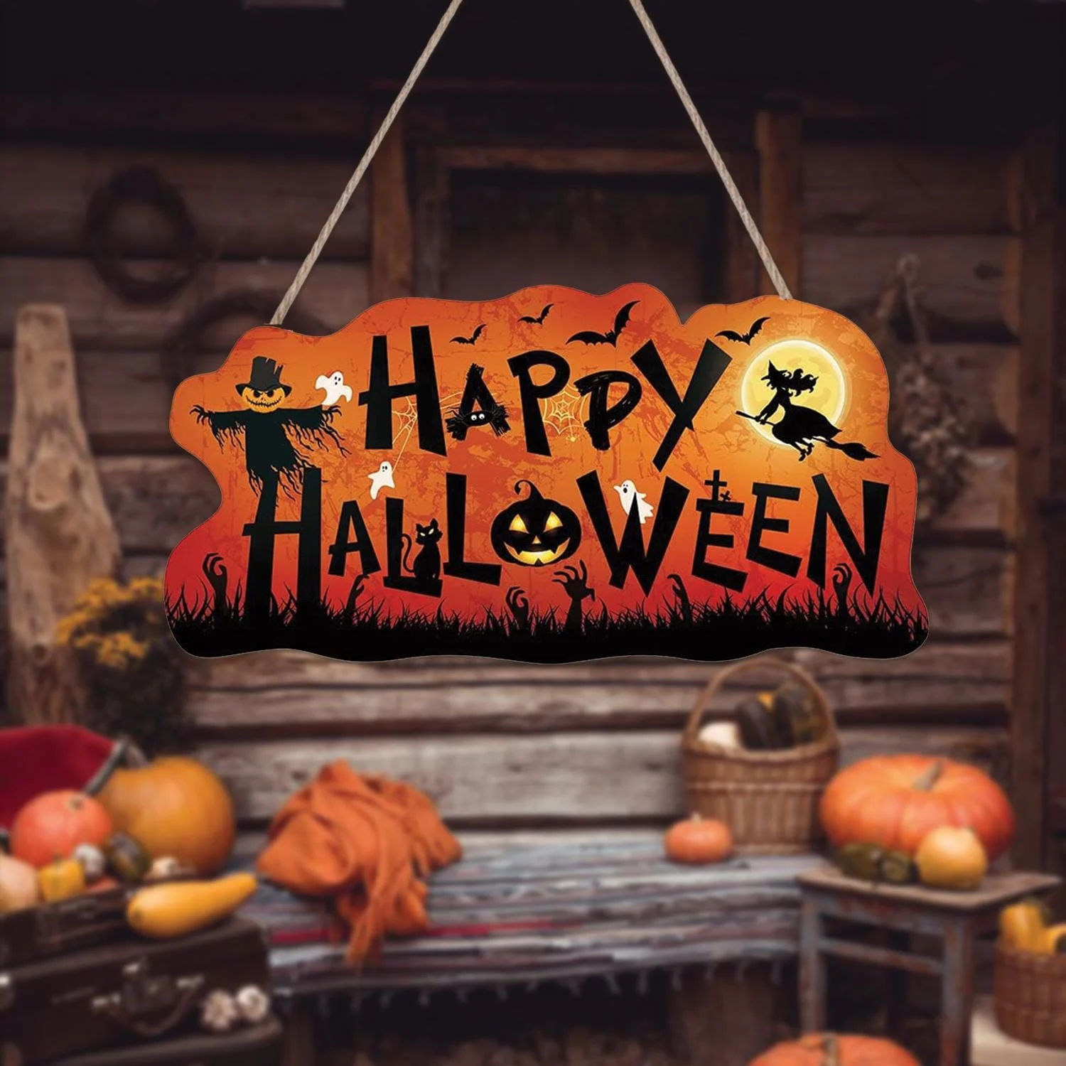 Halloween Welcome Door Sign 14 Inches Witch & Pumpkin Decor Halloween Welcome Door Sign 14 Inches Witch & Pumpkin Decor