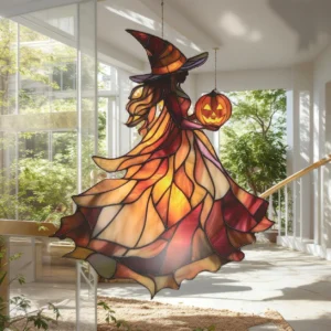 Halloween Witch Acrylic 8 Inches Pumpkin Decor Window Hanging Gift