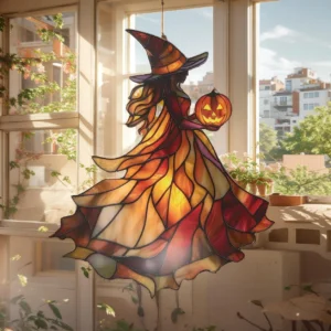 Halloween Witch Acrylic 8 Inches Pumpkin Decor Window Hanging Gift