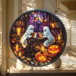 Library Ghosts Scene 8 Inches Halloween Acrylic Window Hanging Decor
