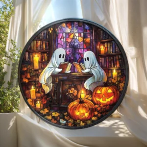 Library Ghosts Scene 8 Inches Halloween Acrylic Window Hanging Decor