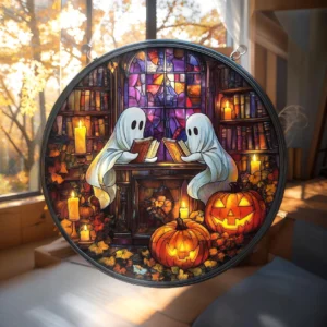 Library Ghosts Scene 8 Inches Halloween Acrylic Window Hanging Decor
