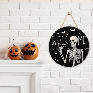 Round Skeleton Halloween Welcome Door Sign Bats 14 Inches