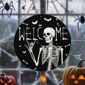 Round Skeleton Halloween Welcome Door Sign Bats 14 Inches