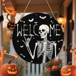 Round Skeleton Halloween Welcome Door Sign Bats 14 Inches
