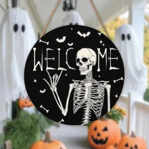 Round Skeleton Halloween Welcome Door Sign Bats 14 Inches