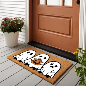 Three Cute Ghosts Halloween Pumpkin Coir Door Mat 18x30 Inches