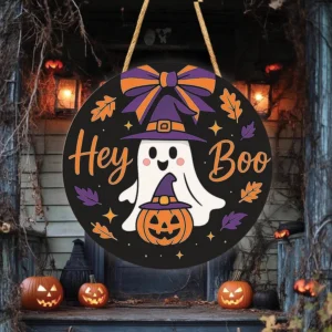 Wooden Hey Boo Halloween Welcome Door Sign Ghost 14 Inches