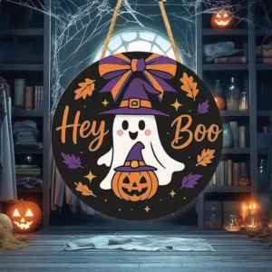 Wooden Hey Boo Halloween Welcome Door Sign Ghost 14 Inches